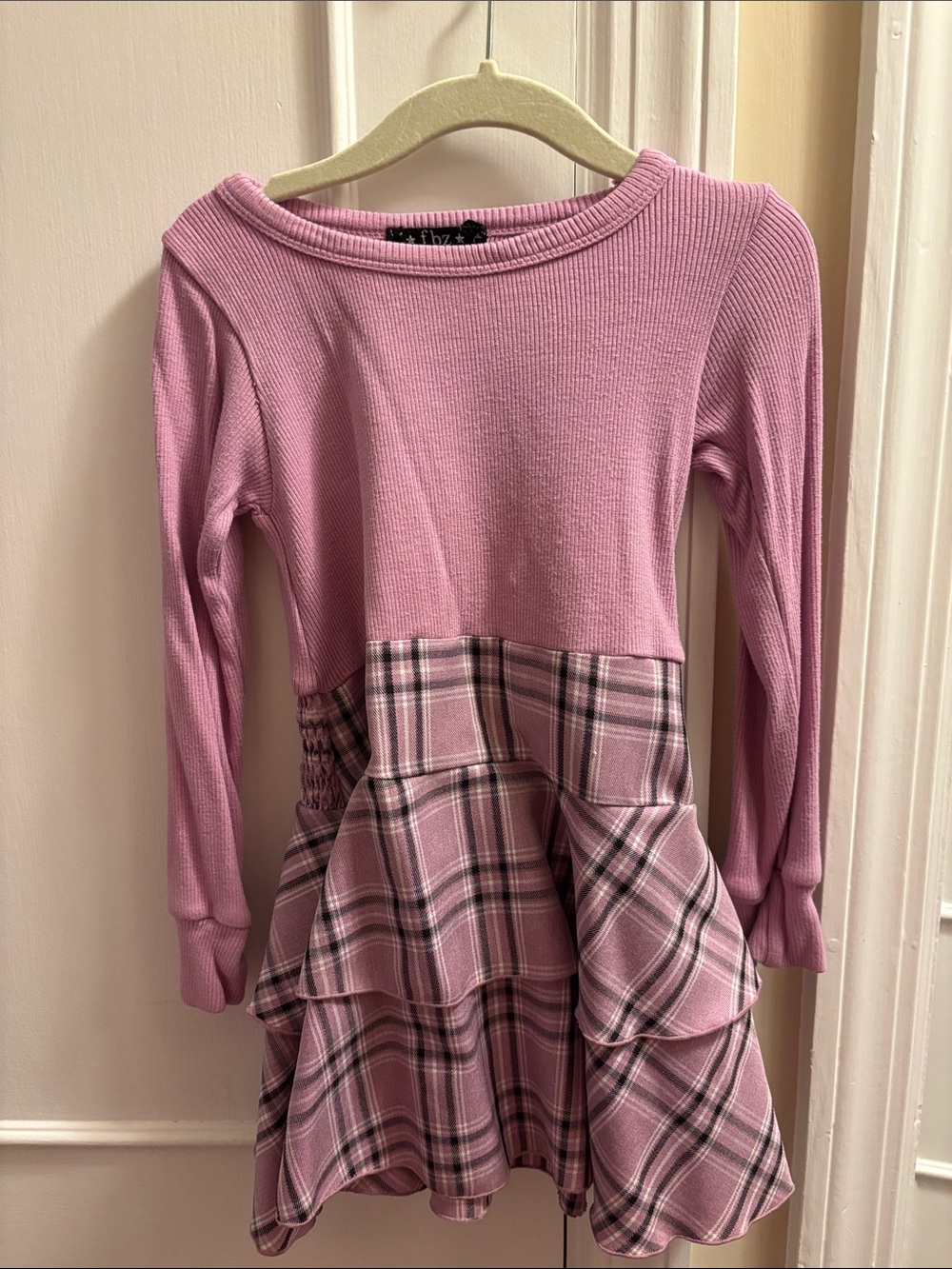 Girls Lavender Long Sleeve Plaid Ruffle Dress
